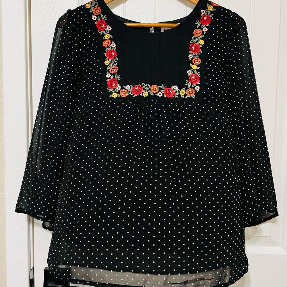 Savanna Jane Polka Dot Embroidered Floral Boho Blouse Top Black Women's Sz Small